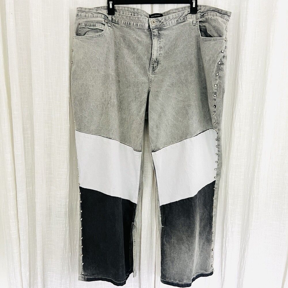 Ashley Stewart Gray & black Patchwork Rhinestone Studded Stretchy Jeans Plus 34